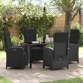 vidaXL Conjunto de Jantar de 5 Peças com Almofadas Preto Rattan Poliéster