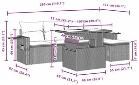 6 pcs conjunto sofás de jardim c/ almofadões vime PE preto