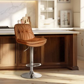 Banco de bar em couro sintético com estrutura prateada 92-113 x 46 x 54 cm castanho claro