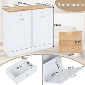 Armário para cozinha 100 x 33 x 90 cm com caixote do lixo oculto duplo rebatível, tampa de madeira e tábua de cortar e 2 gavetas estilo rústico Natura
