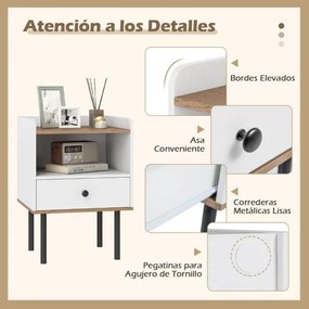 Conjunto de 2 mesas de cabeceira 40,5 x 35 x 56 cm com gaveta e prateleira aberta, pernas de metal, mesa auxiliar compacta para sala ou quarto, branca