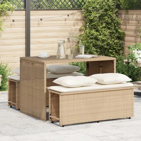3 pcs conjunto de jantar p/ jardim com almofadões vime PE bege