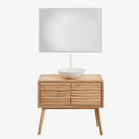 Conjunto De Móvel De Casa De Banho Em Madeira Deleyna Madeira Natural & Cimento Redondo Branco Ø40 Cm Zavion & Led Retangular - Sklum