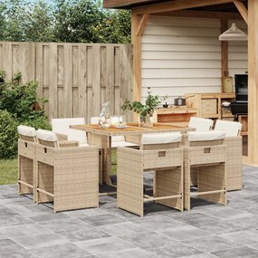 vidaXL 9 pcs conjunto de jantar p/ jardim com almofadões vime PE bege
