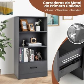 Estante de 4 níveis com gaveta para arrumação 60 x 38 x 120 cm Dispositivo anti-capotamento aberta independente para sala de estudo Cinzento