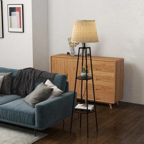 Candeeiro de pé com 2 prateleiras, casquilho E27, 40 W, interruptor de cordão, abajur em tecido, 42 x 42 x 166 cm, preto e castanho