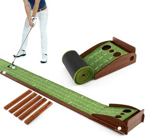 Tapete de golfe com 3 tamanhos de buracos Ajuda à prática com retorno automático da bola 302 x 37 x 15 cm Castanho + Verde