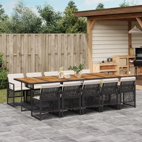 11 pcs conjunto de jantar p/ jardim c/ almofadões vime PE preto