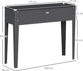 Floreira com pés 100 x 30 x 80 cm, para horta, com orifício de drenagem, em aço galvanizado, ,cinzenta