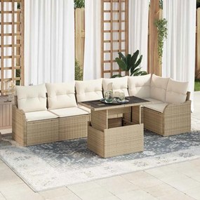 Conjunto de Sofá Jardim vidaXL 7 Peças com Almofadas Bege Rattan Poliéster