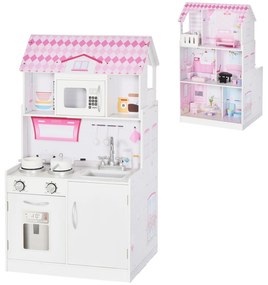 HOMCOM 2 em 1 binquedo de cozinha Casa de bonecas 3 andares com 12 acessórios incluidos para crianças acima de 3 anos 60x 48x 106 cm rosa