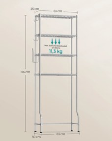Prateleira de sanita de 4 níveis com ganchos economizadora de espaço em 30 x 63 x 176 cm cinzento