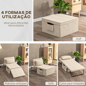 Sofá Cama 4 em 1  Estofado em Linho com Encosto Ajustável em 5 Níveis e Almofada Acolchoada  75x80x74 cm Creme