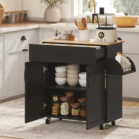 Carrinho de cozinha 105 x 36 x 85 cm em ilha com múltiplas opções de arrumação: gavetas, armário de 2 portas com prateleira ajustável, preto