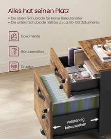 Móvel Arquivo escritório43,8 x 40 x 54,4 cm com 2 gavetas e 5 Rodas Preto e castanho-escuro