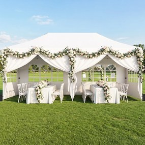 Tenda de Jardim Dobrável com 6 pesos, 600 x 300 x 310 cm, 4 Paredes Laterais Removíveis, Branco