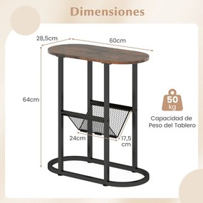Mesa apoio, mesa de cabeçeira Estreita 60 x 28,5 x 64 cm com Suporte para Revistas Estrutura Metálica Castanho rústico