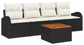 Conjunto de Sofá de Jardim 5 Peças com Almofadas Pretas, Rattan, Polié