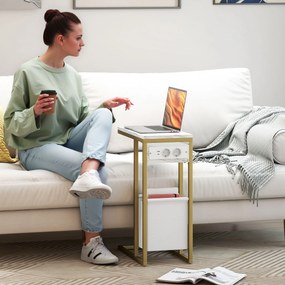 Mesa auxiliar em forma de C com estação de carregamento, saco de arrumação em tecido e tampo com efeito de mármore, 46 x 25 x 62,5 cm, branco e dourad