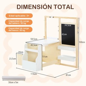 Conjunto de mesa e banco de arte para crianças com cavalete ajustável de dupla face, quadro magnético e rolo de papel substituível Branco