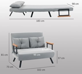 Sofá Cama Sofá Convertível em Cama de 2 Lugares Dobrável com Encosto Ajustável em 5 Níveis e 2 Almofadas 102x73x81 cm Cinza