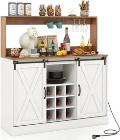 Armário de café-bar 120 x 40 x 127,5 cm com estação de carregamento Portas deslizantes Garrafeira amovível Estantes ajustáveis Branco e nogueira