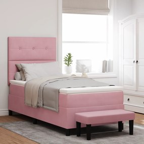 Cama Box Spring com Colchão e Banco Rosa 90x190 cm Veludo