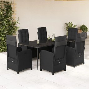 vidaXL 7 pcs conjunto de jantar p/ jardim c/ almofadões vime PE preto