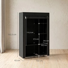 Guarda roupa de Tecido Dobrável com 6 Prateleiras e 1 Barra de Pendurar para Dormitório Vestidor 103x43x162,5 cm Preto