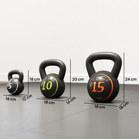 Conjunto de 3 pesos de 2,2, 4,5 e 6,8 kg com pega antiderrapante para treino desportivo e fitness, com suporte de arrumação preto