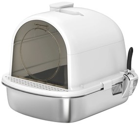 PawHut Caixa de Areia para Gatos em Aço Inoxidável com Tampa Caixa de Areia com Bolsa Desodorizante e Pá 52,4x41,3x39,9 cm Branco | Aosom Portugal