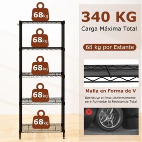 Estante metálica ajustável 59 x 34 x 150 cm de 5 níveis com grelha de arame com capacidade para 340 kg para casa, cozinha, garagem, escritório Preta
