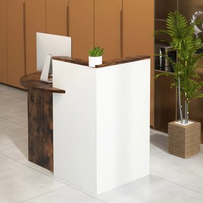 Balcão de recepção ovalada 120 x 70 x 100 cm, gaveta com fechadura e prateleira ajustável para escritório ou comércio, castanho rústico e branco