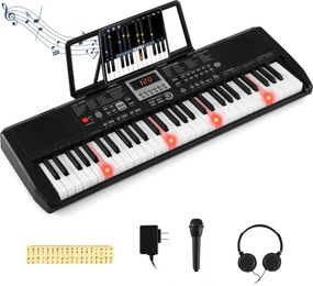 Teclado portátil de 61 teclas, kit de piano elétrico com 200 ritmos e tons, 70 demos, microfone e auscultadores para todas as idades, preto