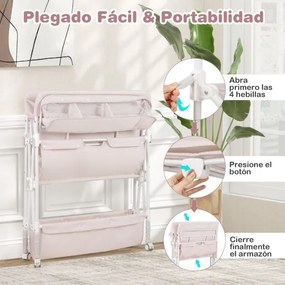 Mesa para trocar fraldas portátil dobrável com rodas impermeável altura ajustável e caixote do lixo para bebés rosa claro