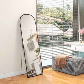 Espelho de pé retangular arredondado com moldura em alumínio e suporte, ideal para a entrada, quarto ou closet, 50 x 161,5 cm, preto