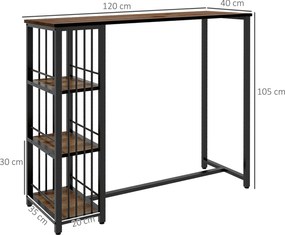 Mesa Alta de Cozinha com 3 Prateleiras Mesa de Bar Retangular para 2 Pessoas Pés de Aço 120x40x105 cm Castanho e Preto