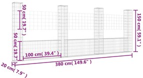 Cesto gabião em forma de U c/ 4 postes 380x20x150 cm ferro