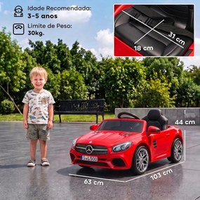 Carro Elétrico Infantil Mercedes-Benz SL500 12V Vermelho com Comando à Distância, 2 Motores e Suspensão