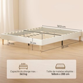 Estrutura de Cama de Casal Estofada (COLCHÃO NÃO INCLUIDO), 201 x 161 x 31 cm, Espaço de Arrumação por Baixo, Creme