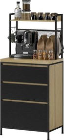 Armário de cozinha de estilo industrial com 3 gavetas, bancada, prateleira e 4 ganchos, 60 x 40 x 132 cm
