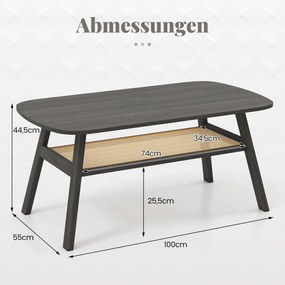 Mesa de centro em madeira para sala de estar com prateleira em rattan 100 x 55 x 44,5 cm Cinza escuro e natural
