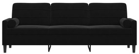 Sofá 3 lugares c/ almofadas decorativas 210 cm veludo preto