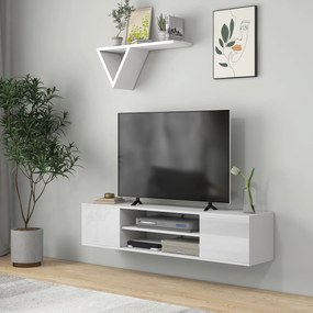 Móvel de TV suspenso de parede, com 2 armários, 2 nichos centrais e 2 passadores de cabos, 140 x 30 x 30 cm, branco