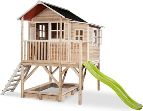Casa de brincar infantil exterior para crianças Loft 550 em madeira com escorrega e caixa areia - Natural