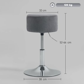Banco de toucadou ou cozinha Ajustável em Altura 52-66 cm Estofado em Veludo Giratória a 360° Cinzento