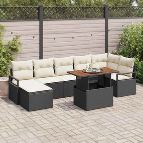 Conjunto de Sofá de Jardim 8 Peças com Almofadas Preto Rattan Poliéster Acácia
