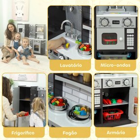 Cozinha de Madeira com Som Cozinha de Brincar Infantil com Acessórios em Aço Inoxidável Frigorífico Micro-Ondas, Lava-Loiça 81x27x79,7 cm Castanho Esc