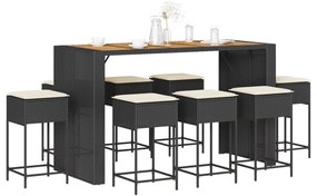 9 pcs conjunto de bar para jardim c/ almofadões vime PE preto