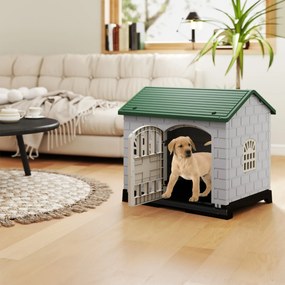 Casota dobrável 75 x 58 x 65 cm de plástico para cães resistente às intempéries para animais de estimação com bandeja sanitária Porta verde escuro